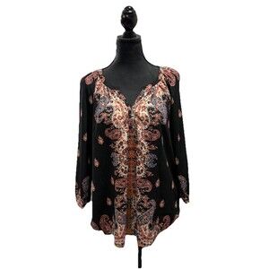 Beach Lunch Lounge Boho Paisley Blouse Womens L Black Long Sleeve Flowy Top